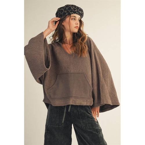 Washed Vintage V-Neck Hoodie with Front Pocket