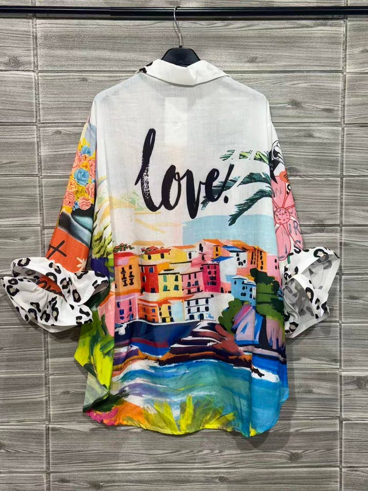 White Beach Scene Print Shirt