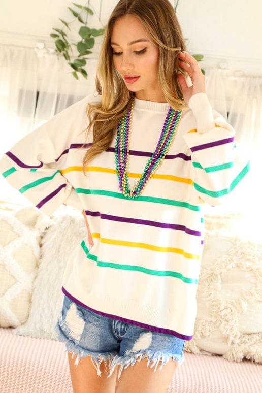 White Mardi Gras Striped Sweater