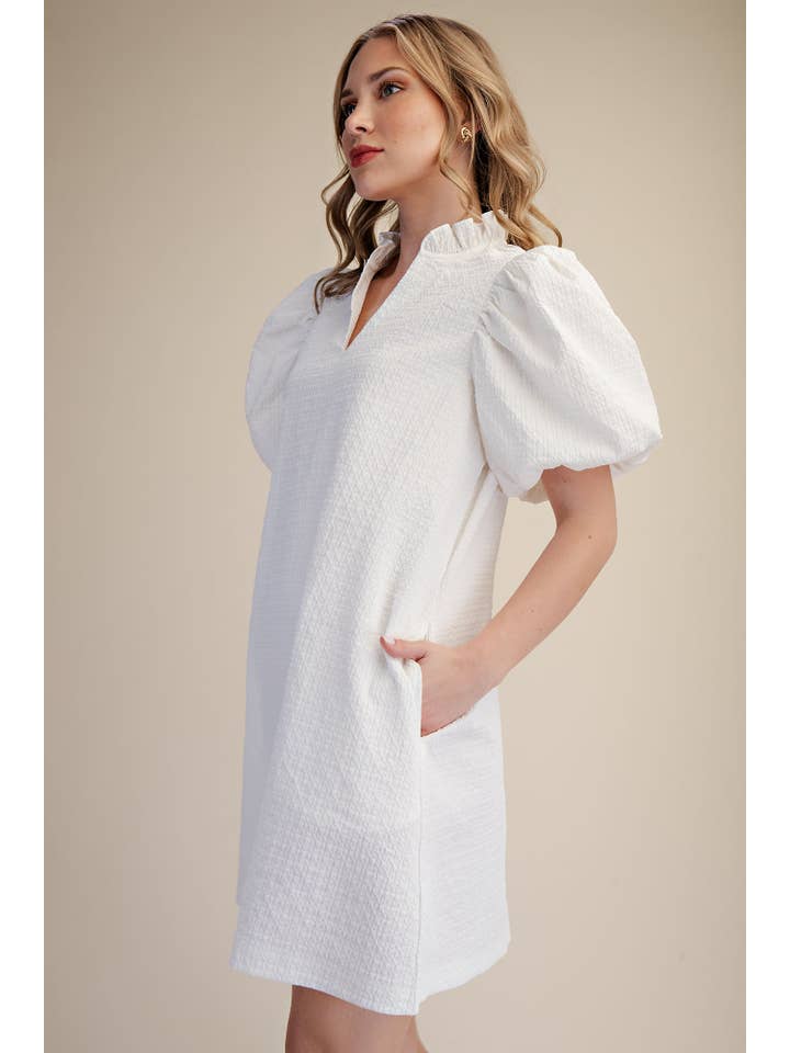 White Textured Fabric Ruffle V-Neck Puff Sleeve Mini Dress