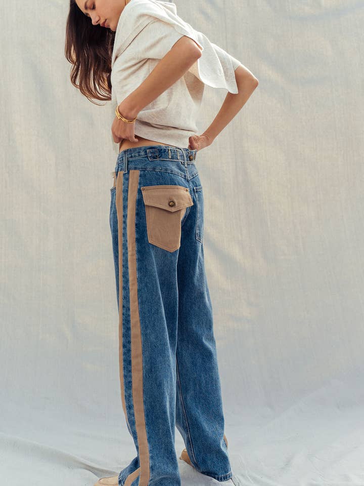 Wide-Leg Utility Stripe Denim Jeans