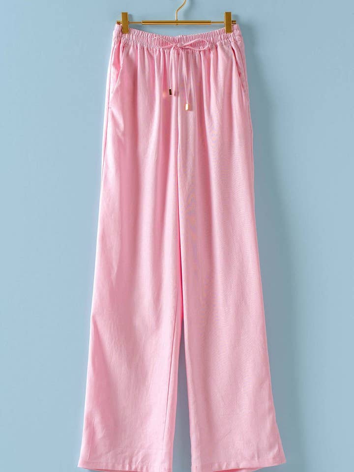 Wide Leg Drawstring Linen Pants in Light Pink