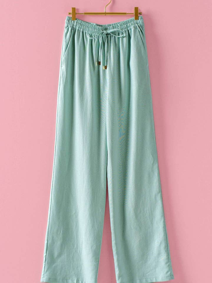 Wide Leg Drawstring Linen Pants in Mint Jelly