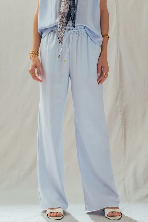 Wide Leg Drawstring Linen Pants in Pale Blue