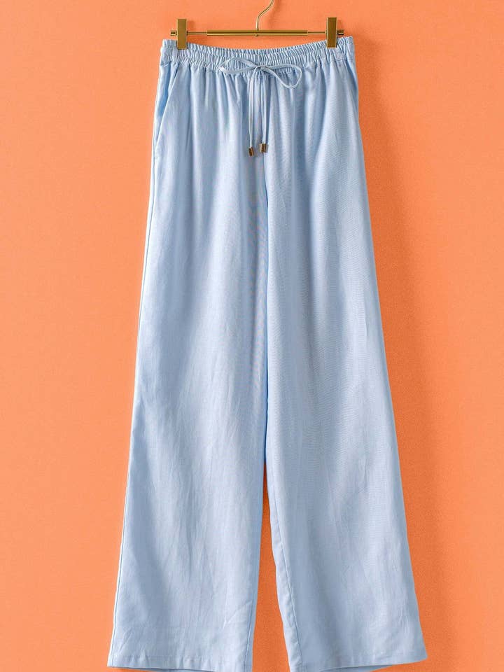 Wide Leg Drawstring Linen Pants in Pale Blue
