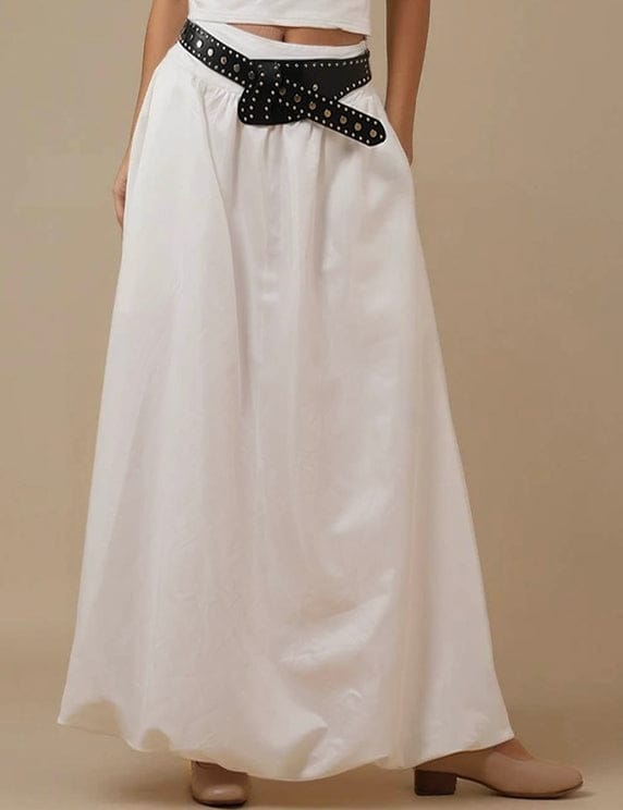 Wide Waistband Bubble Hem Maxi Skirt in White