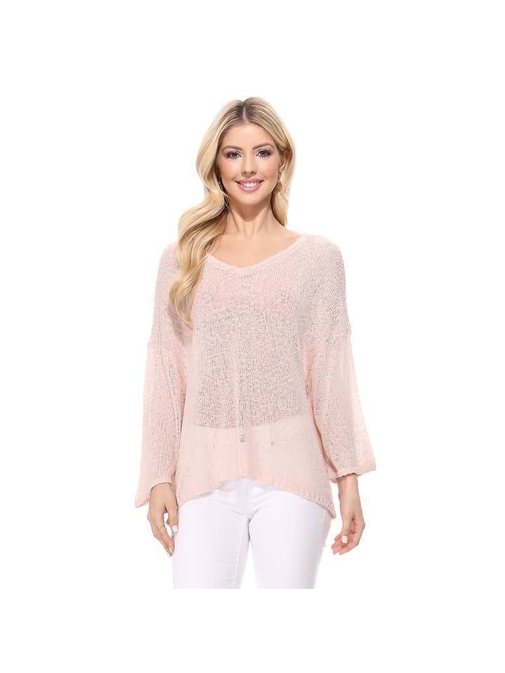 Women's Blush Sheer Knit Batwing Sleeve Open Back Top