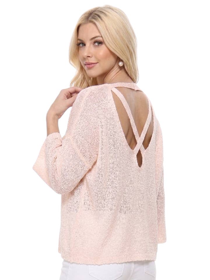 Women's Blush Sheer Knit Batwing Sleeve Open Back Top