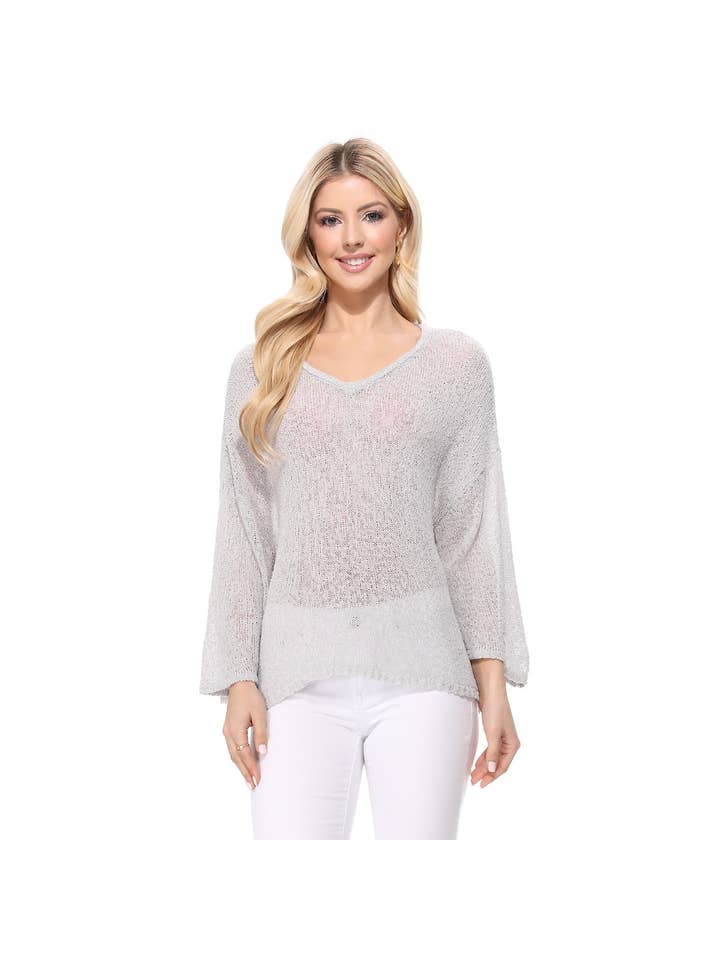 Women's Grey Sheer Knit Batwing Sleeve Open Back Top