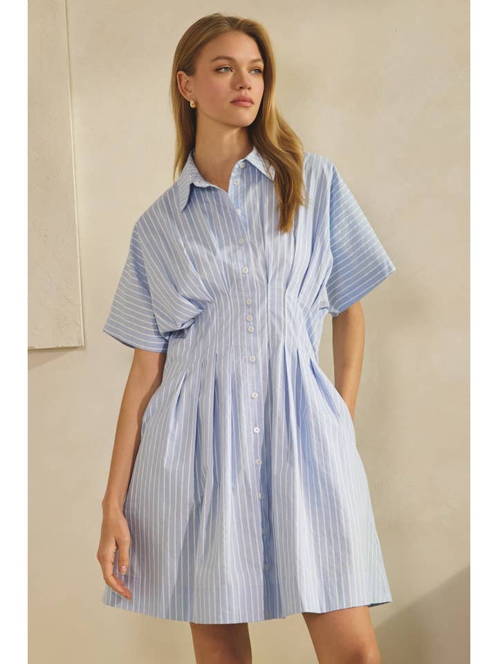 Women's Striped Button-Down Dress with Pleated Waist