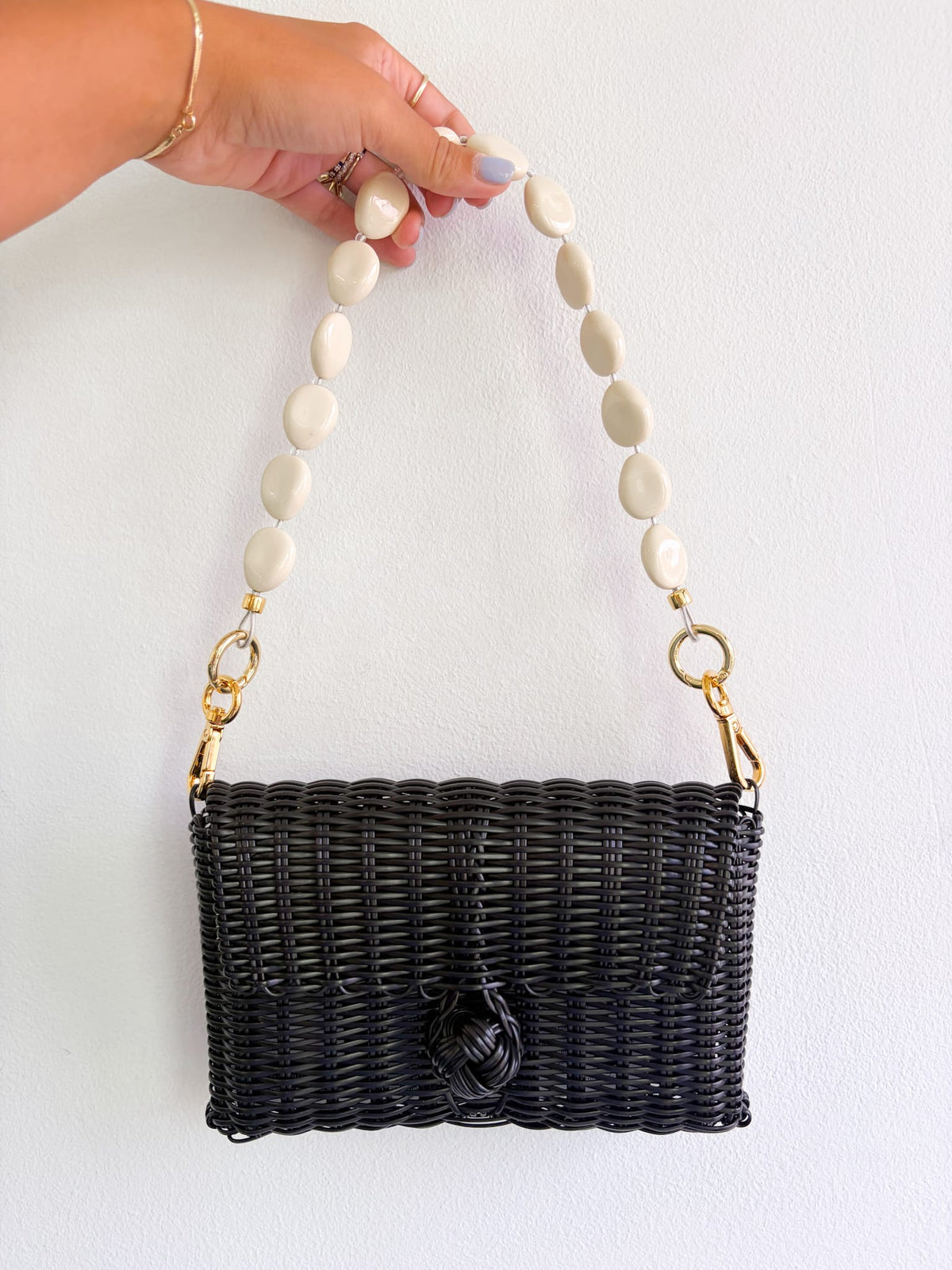 Woven Black Clutch with Ivory River Stones Strap
