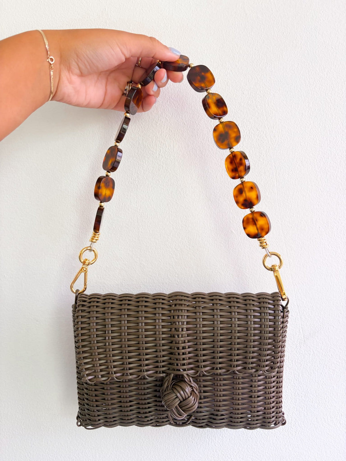 Woven Dark Chocolate Clutch with Tortoise Shell Tiles Strap
