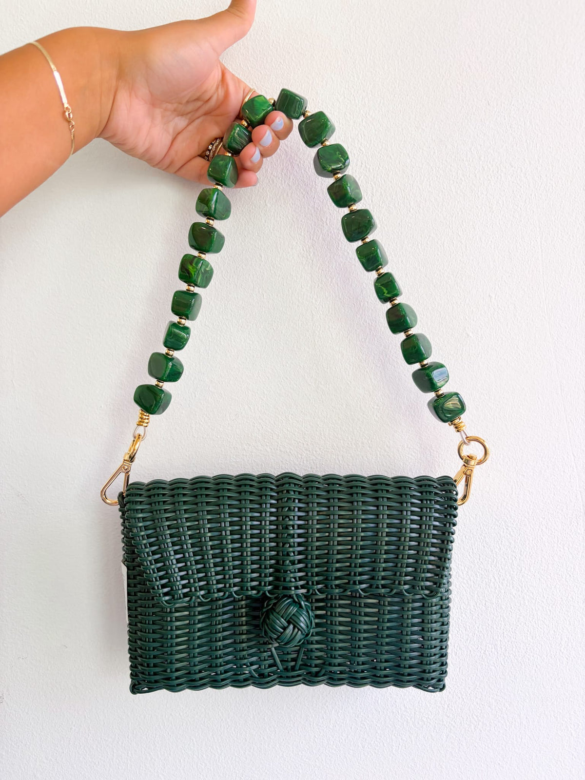 Woven Evergreen Clutch with Malachite Cubes Strap