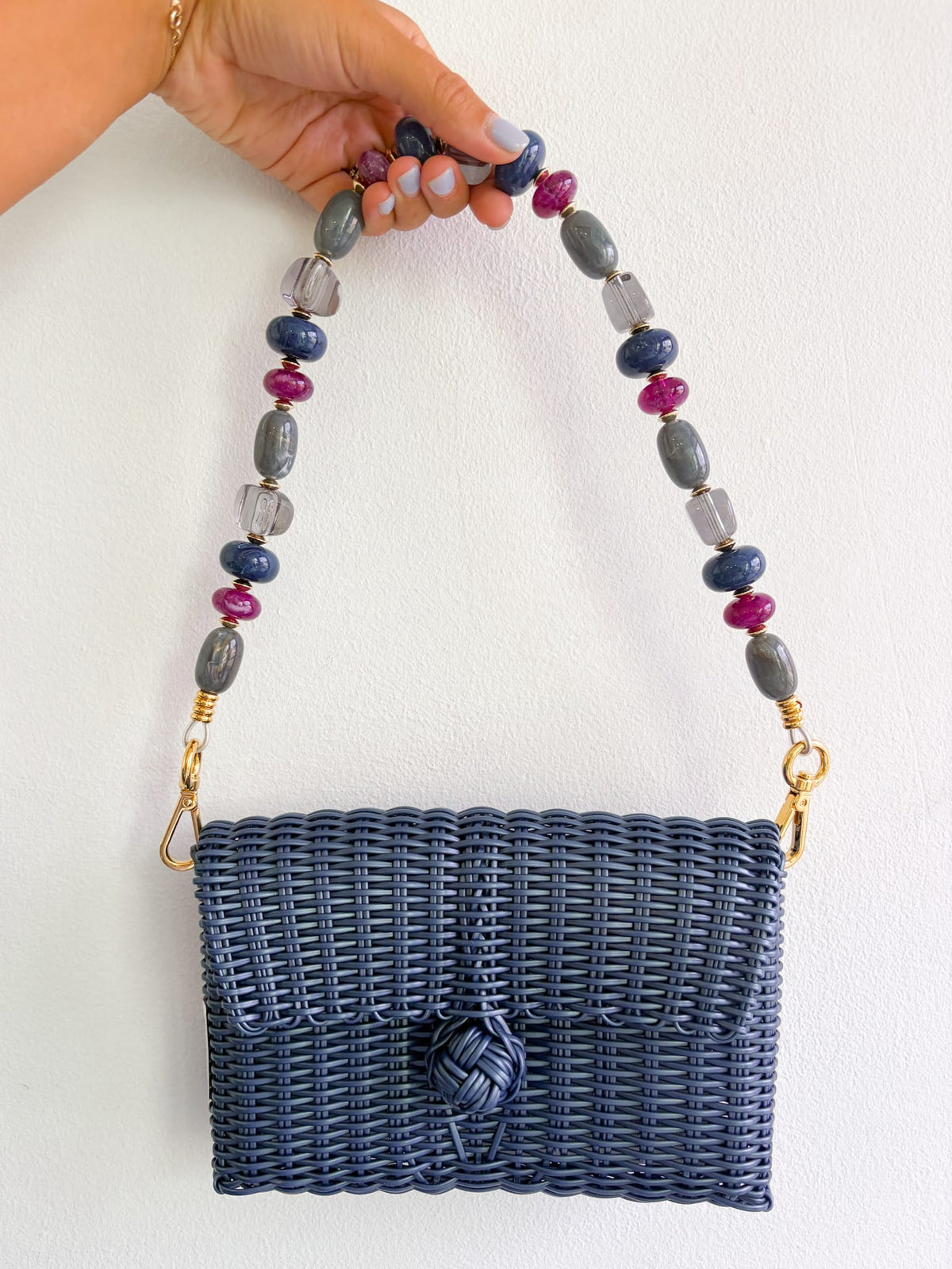 Woven Fog Blue Clutch with Blue Mosaic Beads Strap