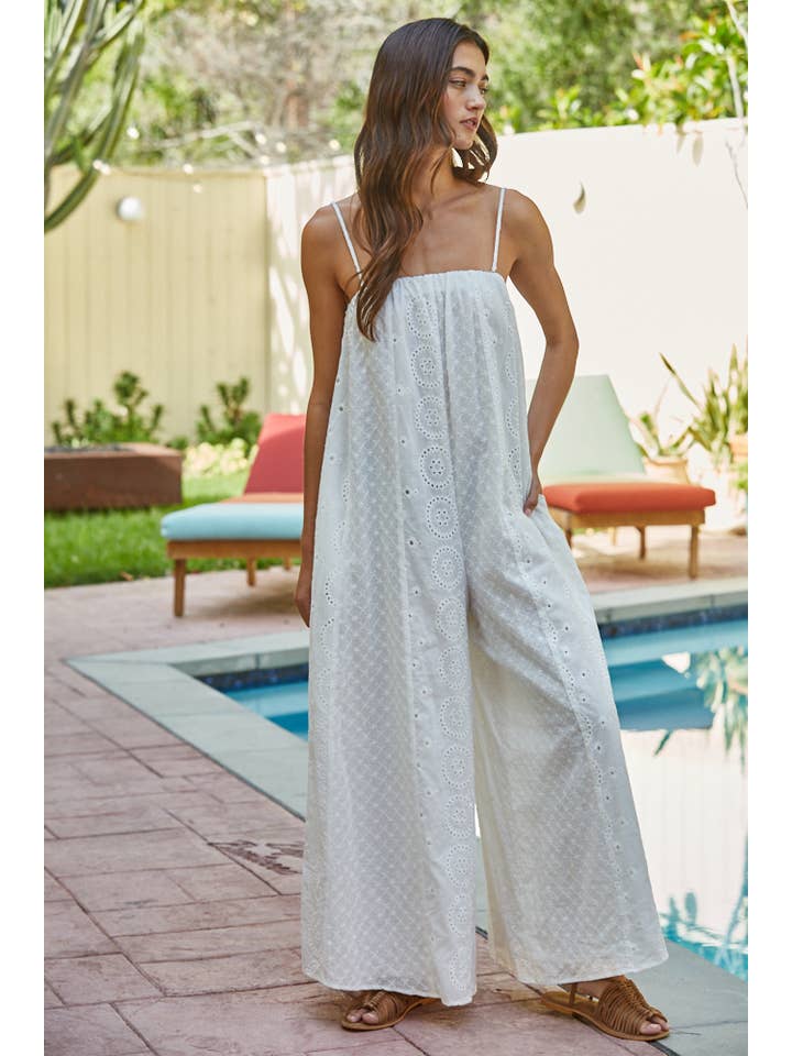 Woven cotton eyelet tube neck adjustable spaghetti straps wide leg jumpsuit with side pockets and cotton lining