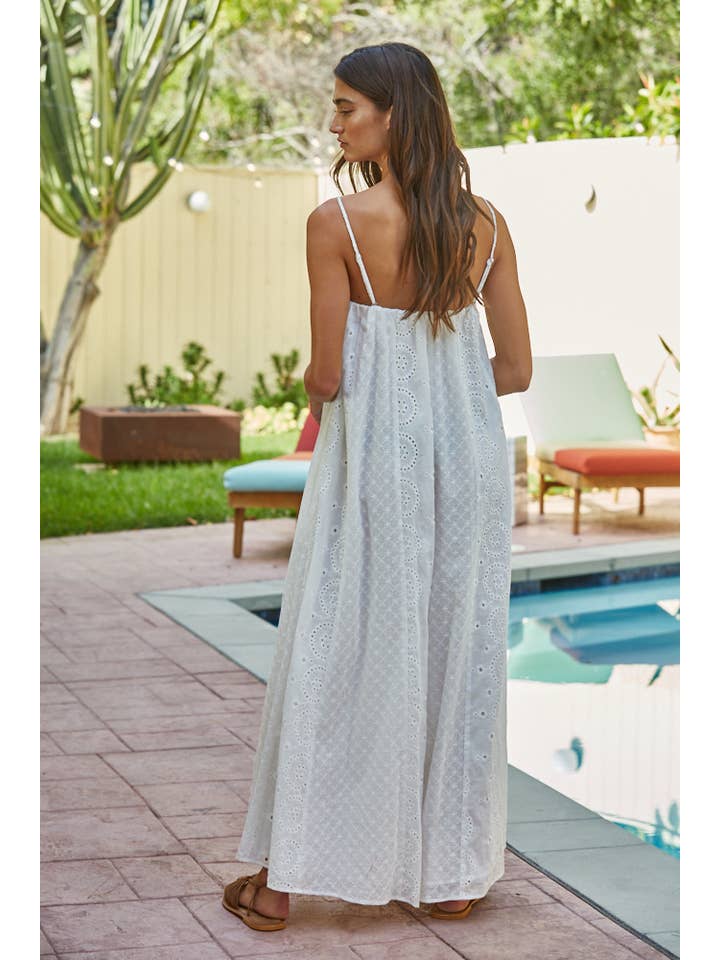 Woven cotton eyelet tube neck adjustable spaghetti straps wide leg jumpsuit with side pockets and cotton lining