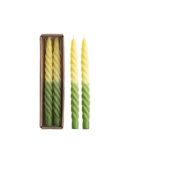 Yellow & Green 10"H Swirl Taper Candles Boxed Set Of 2