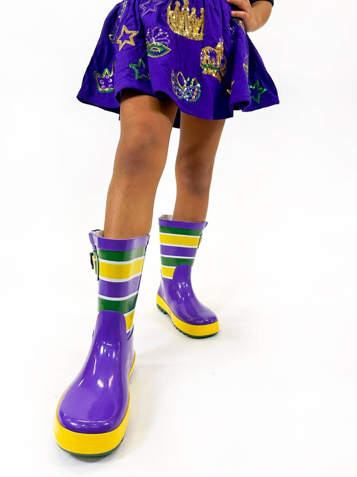 Youth Unisex Mardi Gras Striped Rain Boots