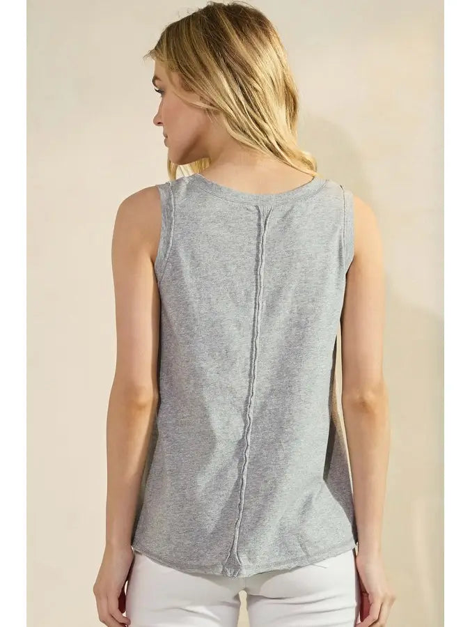 Soft Cotton Tank with Raw Edge Seams in Heather Grey