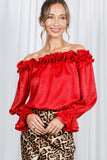 Vine & Love Ruffle Off-the-Shoulder Metallic Blouse in Red