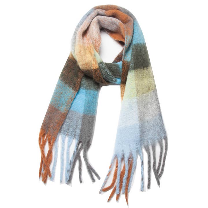 Multi Chunky Plaid Mohair-Look Scarf with Fringe