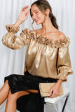 Vine & Love Ruffle Off-the-Shoulder Metallic Blouse in Gold