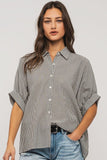 Urban Daizy Boxy Pinstriped Cuff Shirt in Black & White