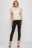 Ellison Gold Foiled V-Neck Puff Sleeve Top Gold