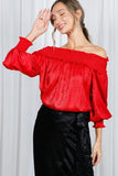 Vine & Love Smocked Off-the-Shoulder Metallic Blouse in Red