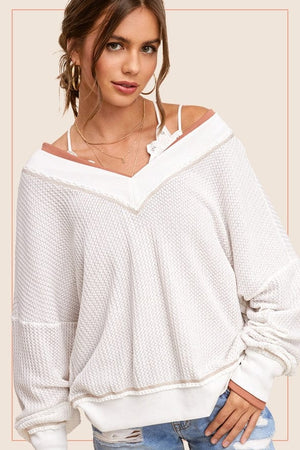 La Miel Deep V-Neck Long Sleeve Waffle Top in White