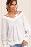 La Miel Deep V-Neck Long Sleeve Waffle Top in White