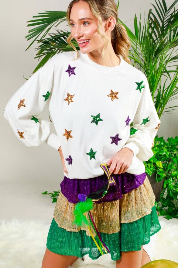 Vine & Love Vine & Love Balloon Sleeve Mardi Gras Sequin Stars Sweater - Little Miss Muffin Children & Home