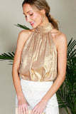 Vine & Love Metallic Halter Neck Tie Back Blouse in Gold