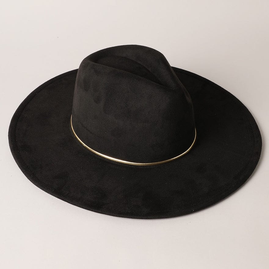 Fashion City Fashion City Gold Belt Wide Flat Brim Suede Fedora Hat in Black - Little Miss Muffin Children & Home