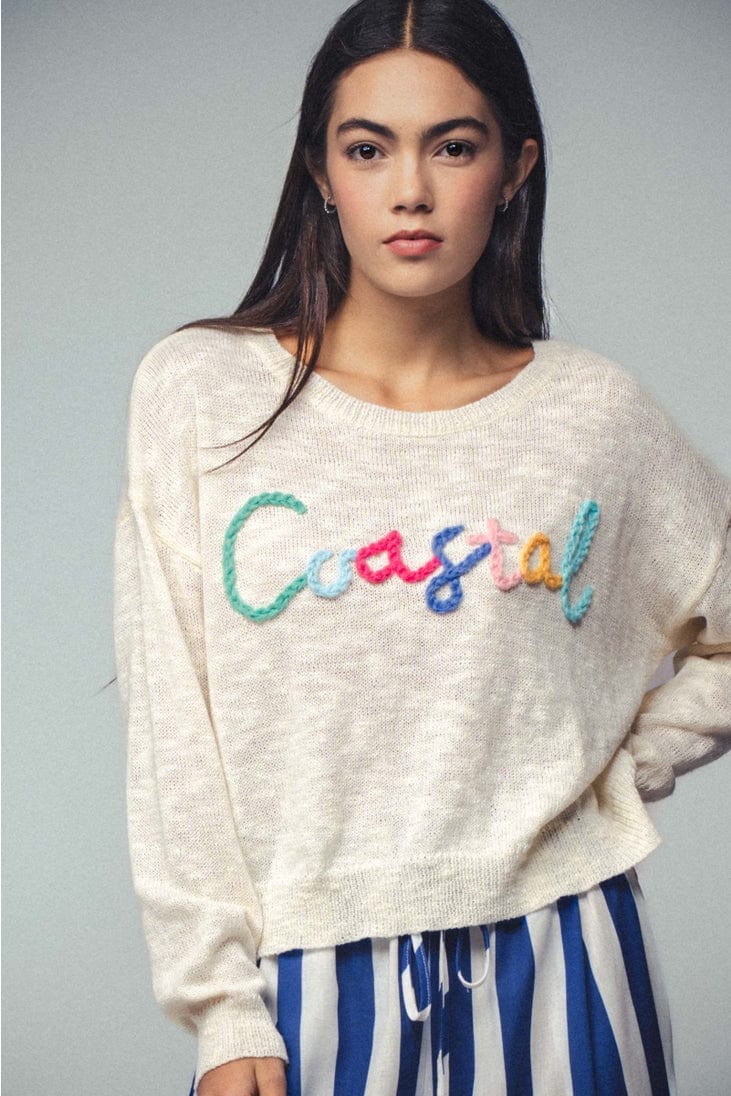 Urban Daizy Coastal Embroidered Crochet Knit Sweater in Ivory - Little Miss Muffin Children & Home