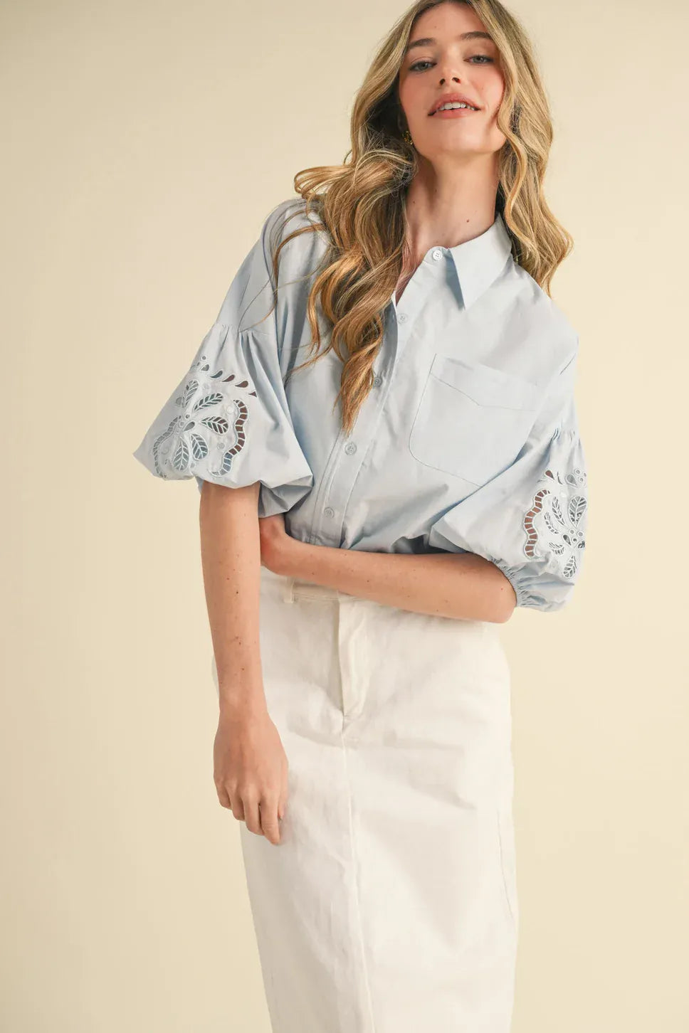 Eyelet Embroidered Puffy Sleeve Button Dow Top in Sky Blue