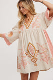 Bluivy Boho Embroidered Babydoll Dress, Pink