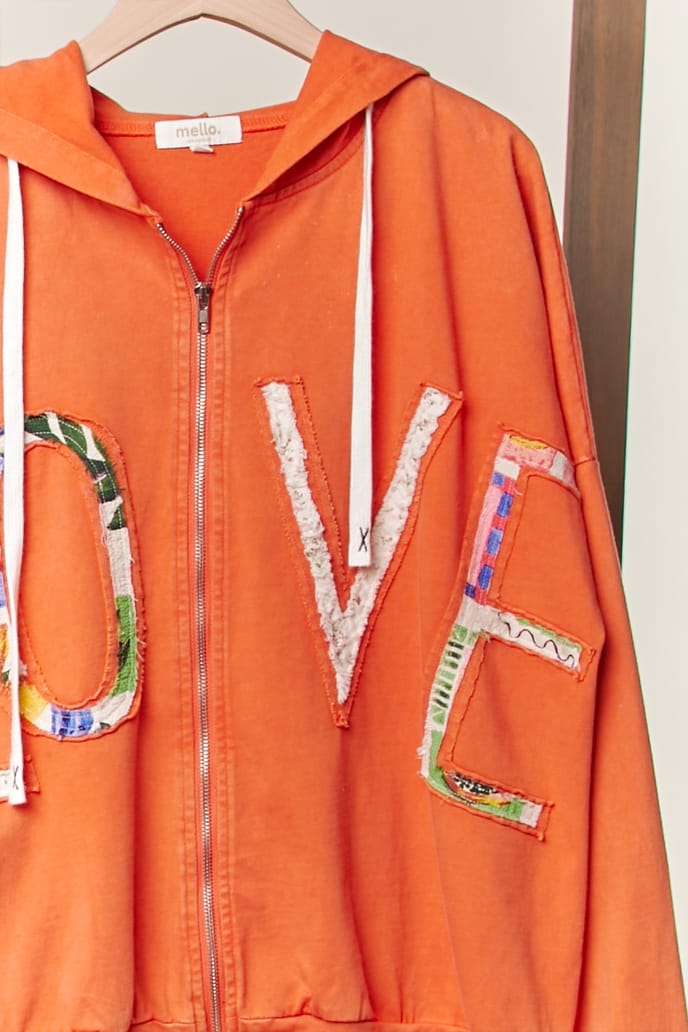 Zip Up Hooded Sweatshirt with Love Patchwork