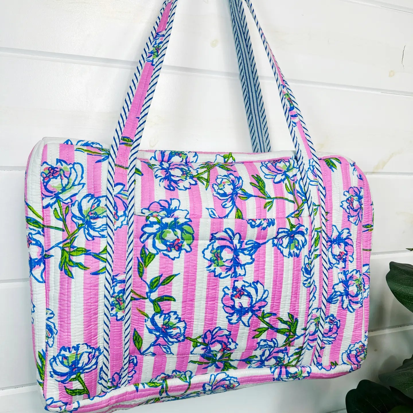 Peony Pink Stripe Handmade Quilted Weekender Duffle Bag
