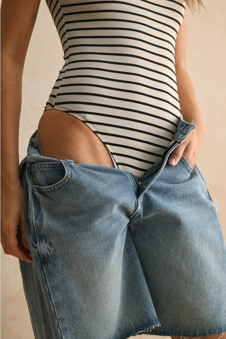 Miou Muse Ribbed Striped Cap Sleeve Bodysuit in Stone/Black - Little Miss Muffin Children & Home