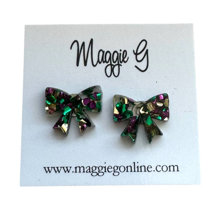 Fat Tuesday Mardi Gras Bow Glitter Stud Earrings