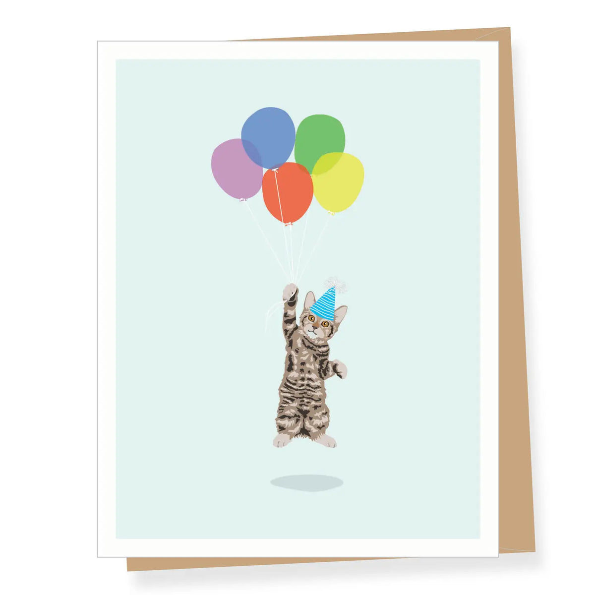 Cat Floating with Balloons Birthday Card