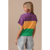 Ive Mardi Gras Color Block Drop Shoulder Short Sleeve Sweater