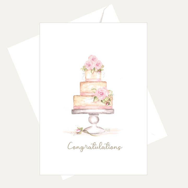 Card with a three-tiered cake illustration and 'Congratulations' text on a white background