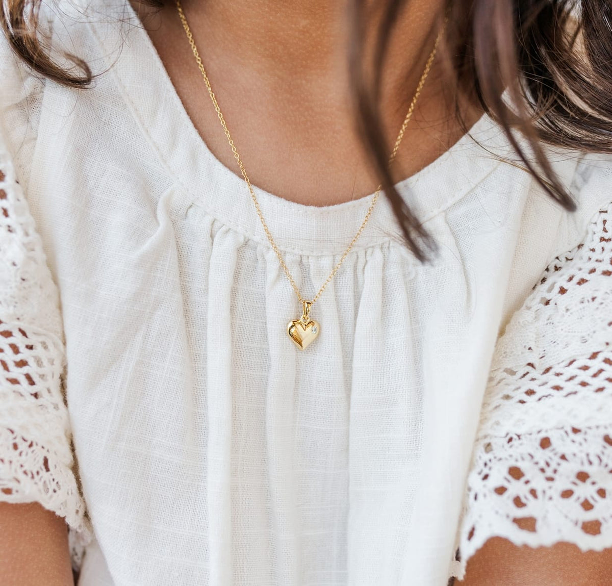 Girl’s 14K Gold-Plated Silver Puff Heart 14" Necklace