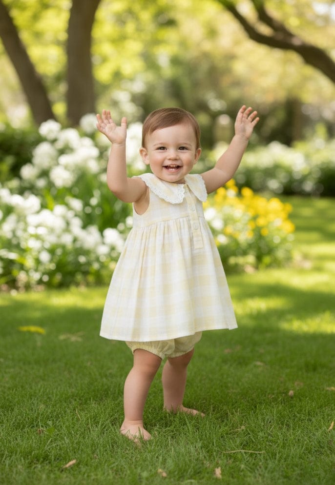 Butter Yellow Check Andria Collar Dress & Bloomer Set