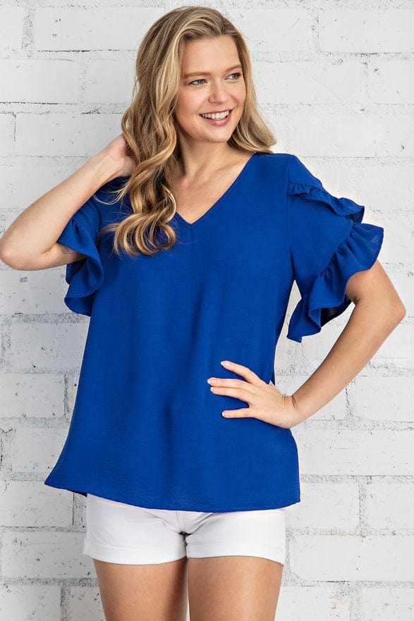 FSL Apparel FSL Apparel Ruffled Tulip Sleeve V-Neck Top in Royal - Little Miss Muffin Children & Home