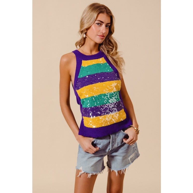 Ive Ive Mardi Gras Stripe Tank Sweater with Clear Sequins - Little Miss Muffin Children & Home