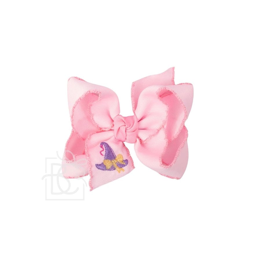 Beyond Creations Large 4.5" Light Pink Bow with Embroidered 1.5" Witch Hat on Pink Crochet Edge Grosgrain, Bow with Knot on Alligator Clip - Little Miss Muffin Children & Home
