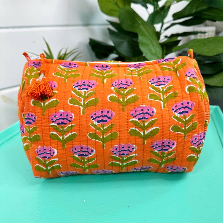 Folklore Couture Orange Floral Print Quilted Cosmetic Toiletry Bag - Little Miss Muffin Children & Home